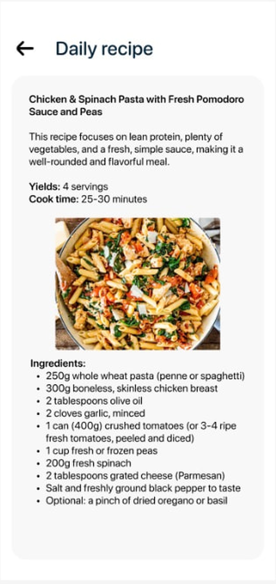 Listek daily recipe screen with ingredients, servings and cook time.