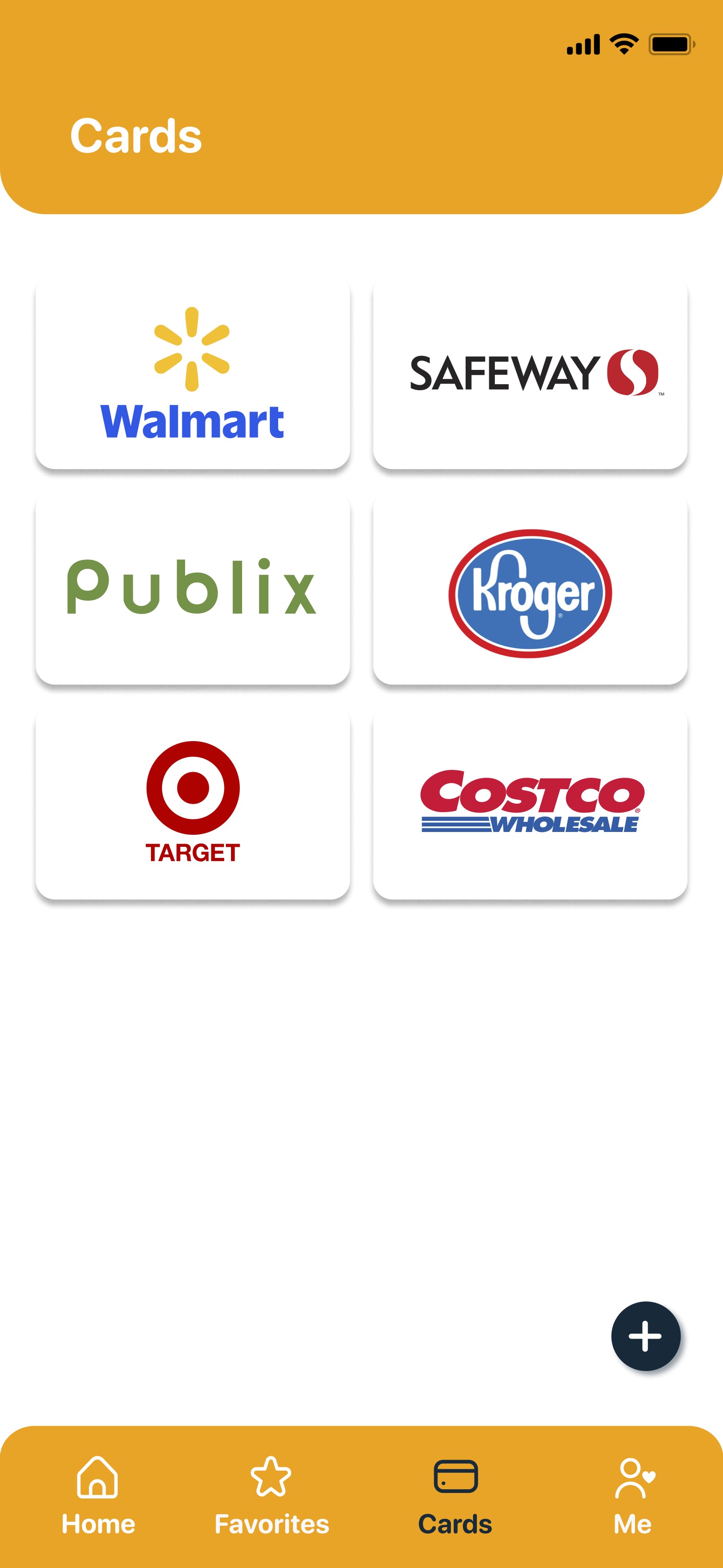 Listek loyalty card screen with multiple store cards.