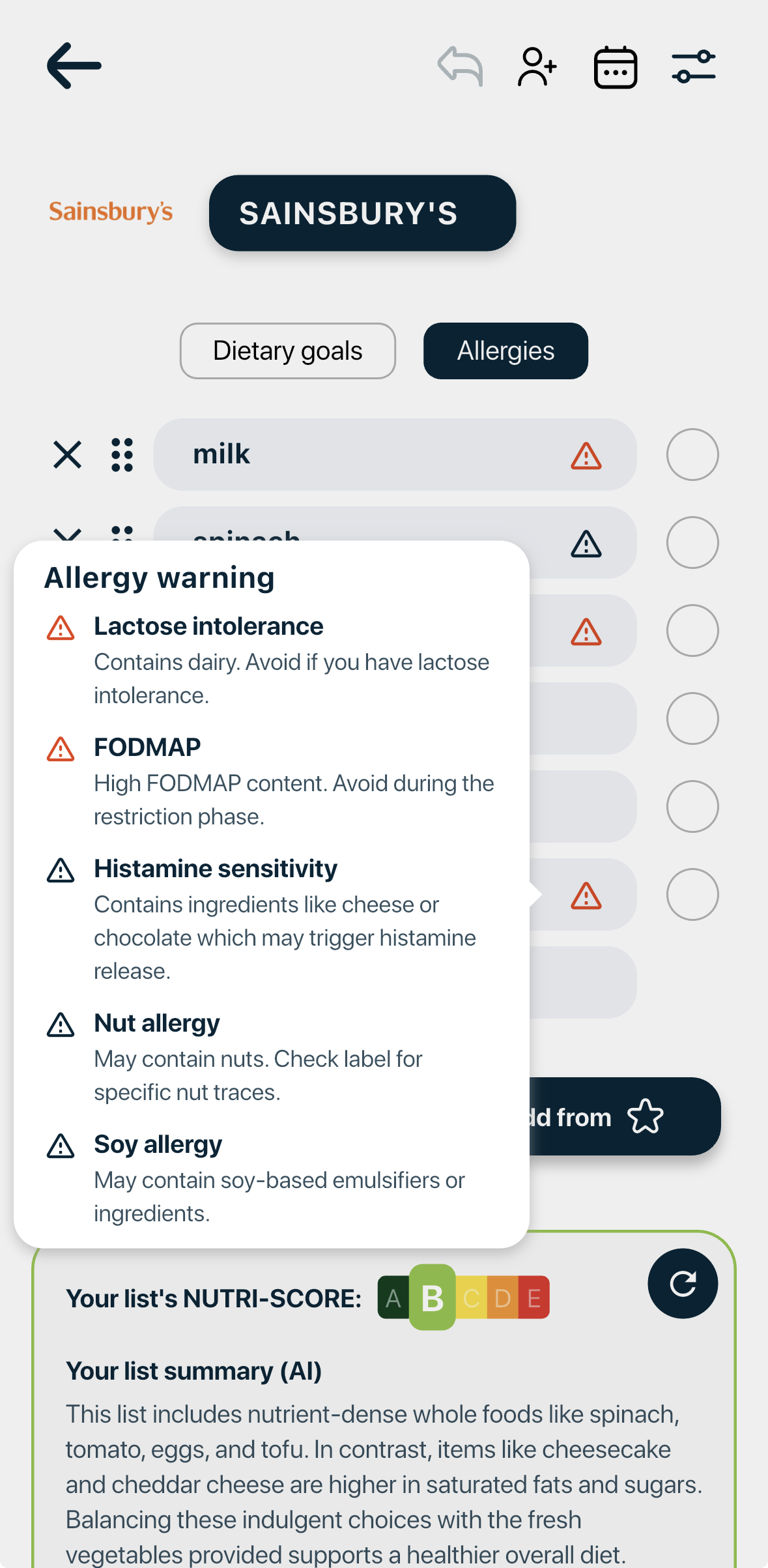 Listek grocery list showing allergy and sensitivity warning details.