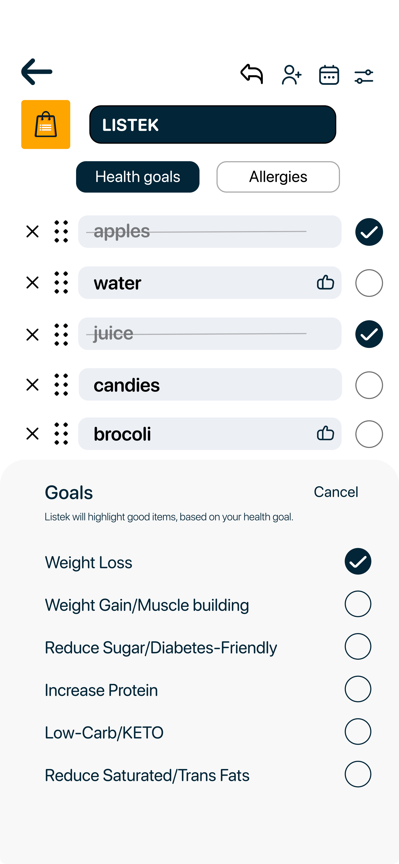 Listek dietary goal selection menu.
