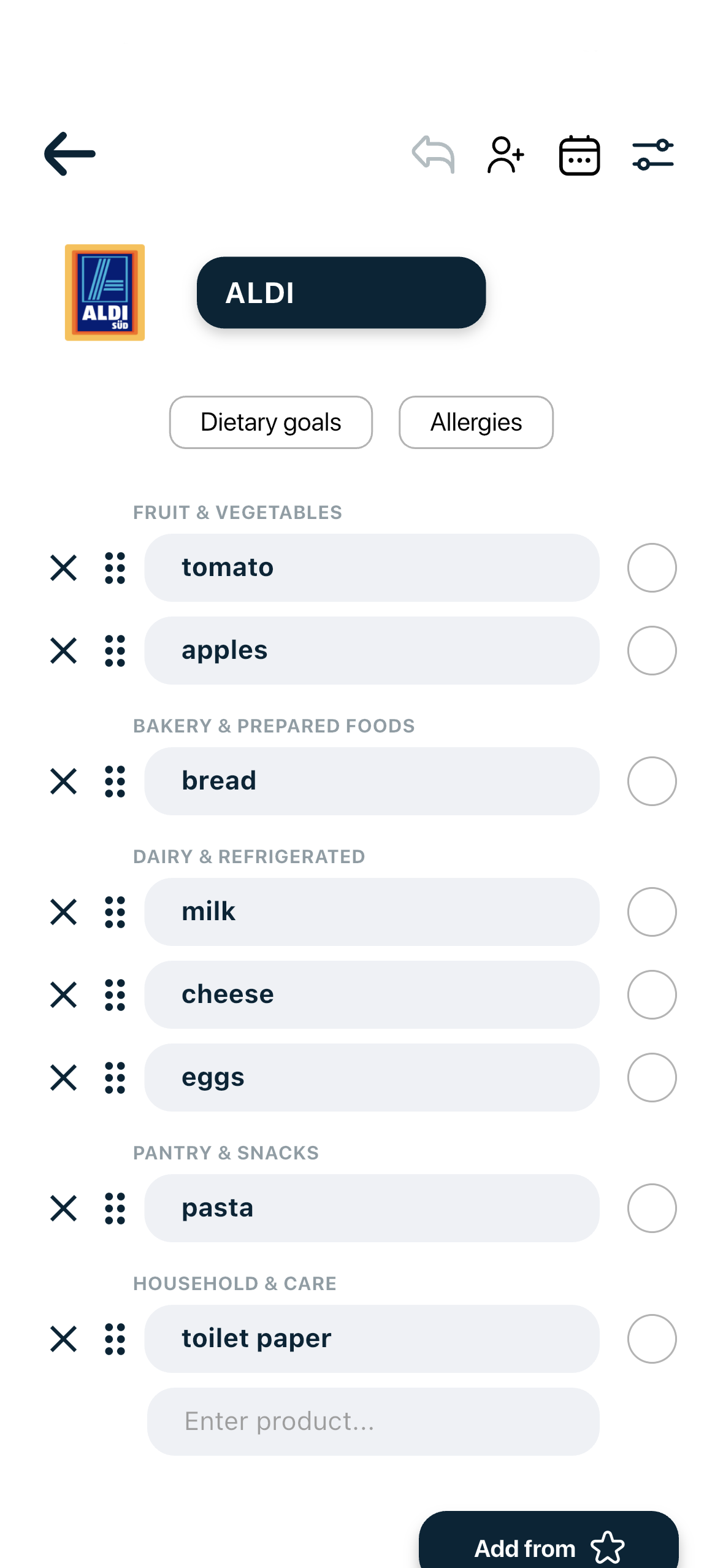 Listek grocery list automatically grouped into supermarket categories.