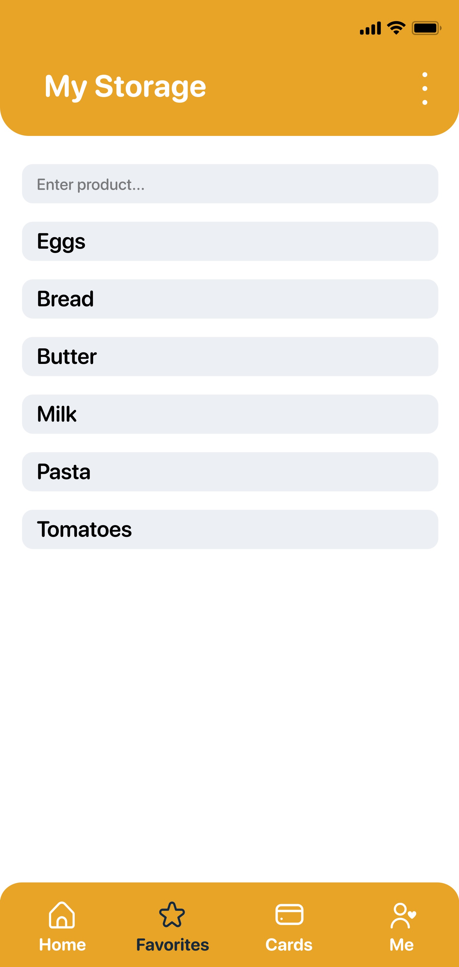 Listek My Storage screen with frequently used grocery items.